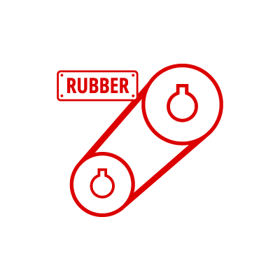 Icona con scritta Rubber e due rulli stilizzati con una cinghia sopra, rappresenta le cinghie di trasmissione in gomma