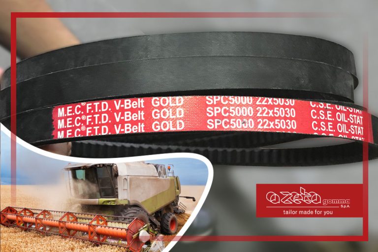 Immagine di un cinghia trapezoidale e immagine di una mietitrebbia agricola al lavoro in un campo